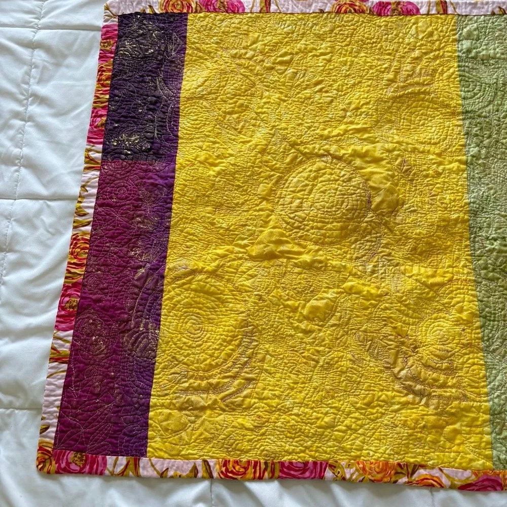 Vintage Handmade Floral Patchwork Quilted Table Runner Pink Yellow Green 29x28